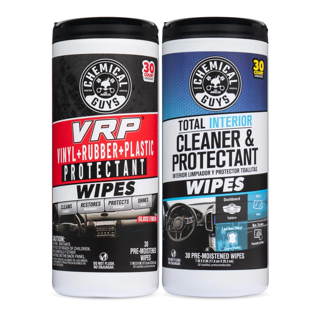 Two cylindrical canisters of interior cleaner wipes, 60 count total