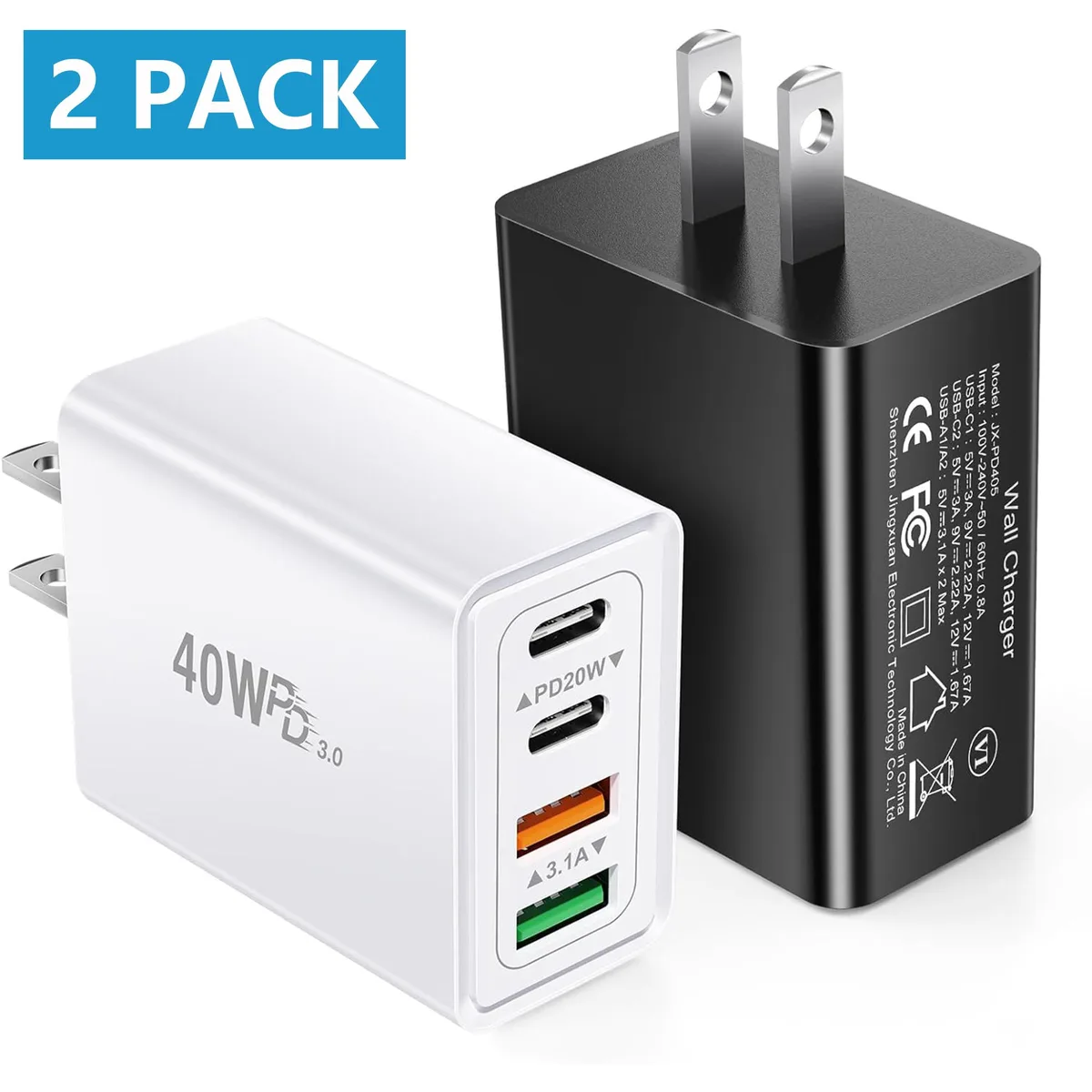 Teamyo Teamyo 2 Pack 40W USB-C QC 3.0 Wall Charger 4 Port Black White — product photo