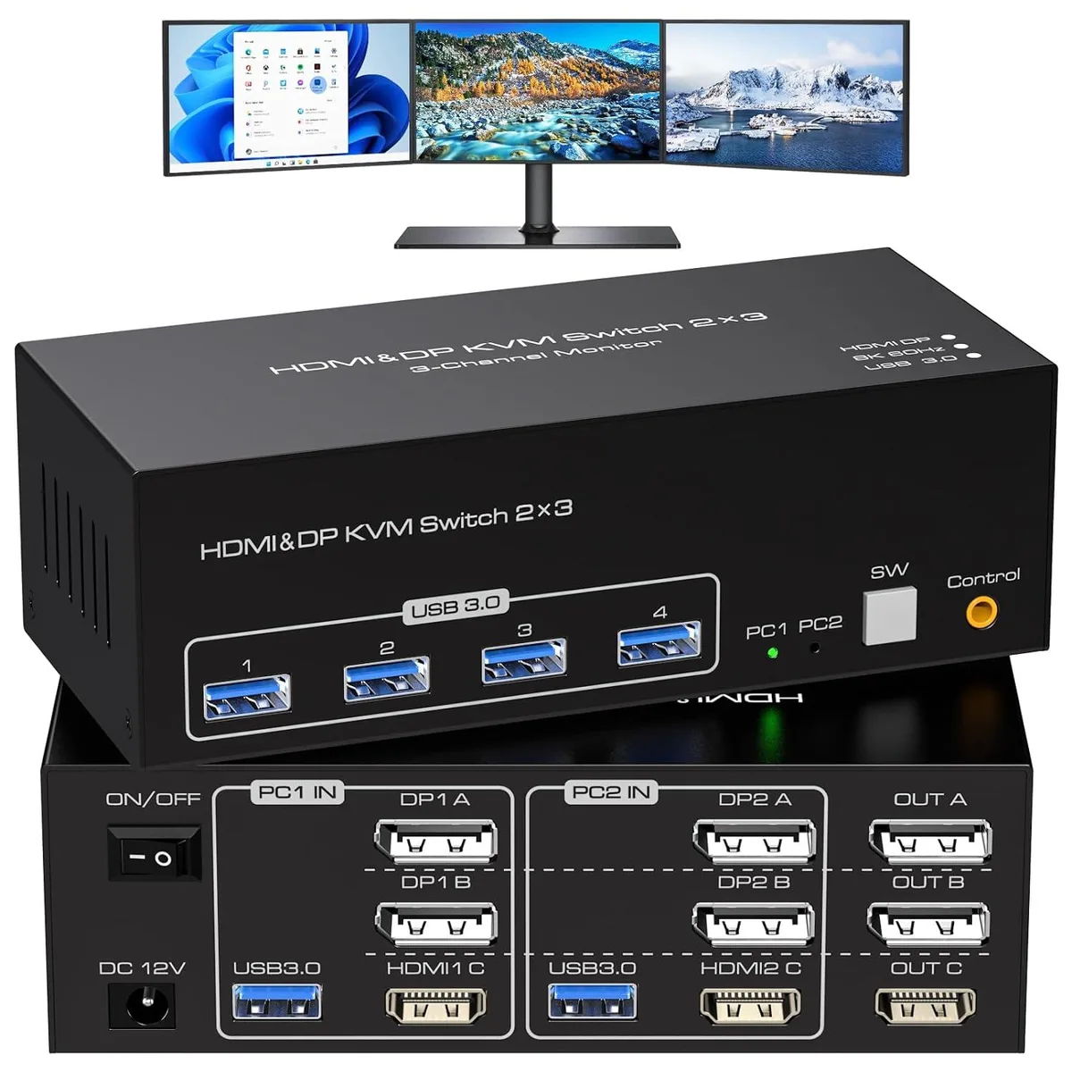 ESTONE ESTONE SW232-2DP1HD KVM Switch 2DP+HDMI 8K@60Hz 3 Monitors 2 Computers 4 USB 3.0 — product photo