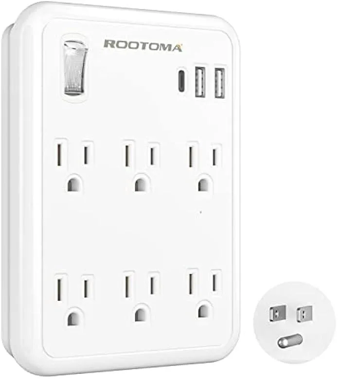 White flat power strip with six spaced AC outlets, one USB-C, two USB-A ports, side switch and phone holder ledge