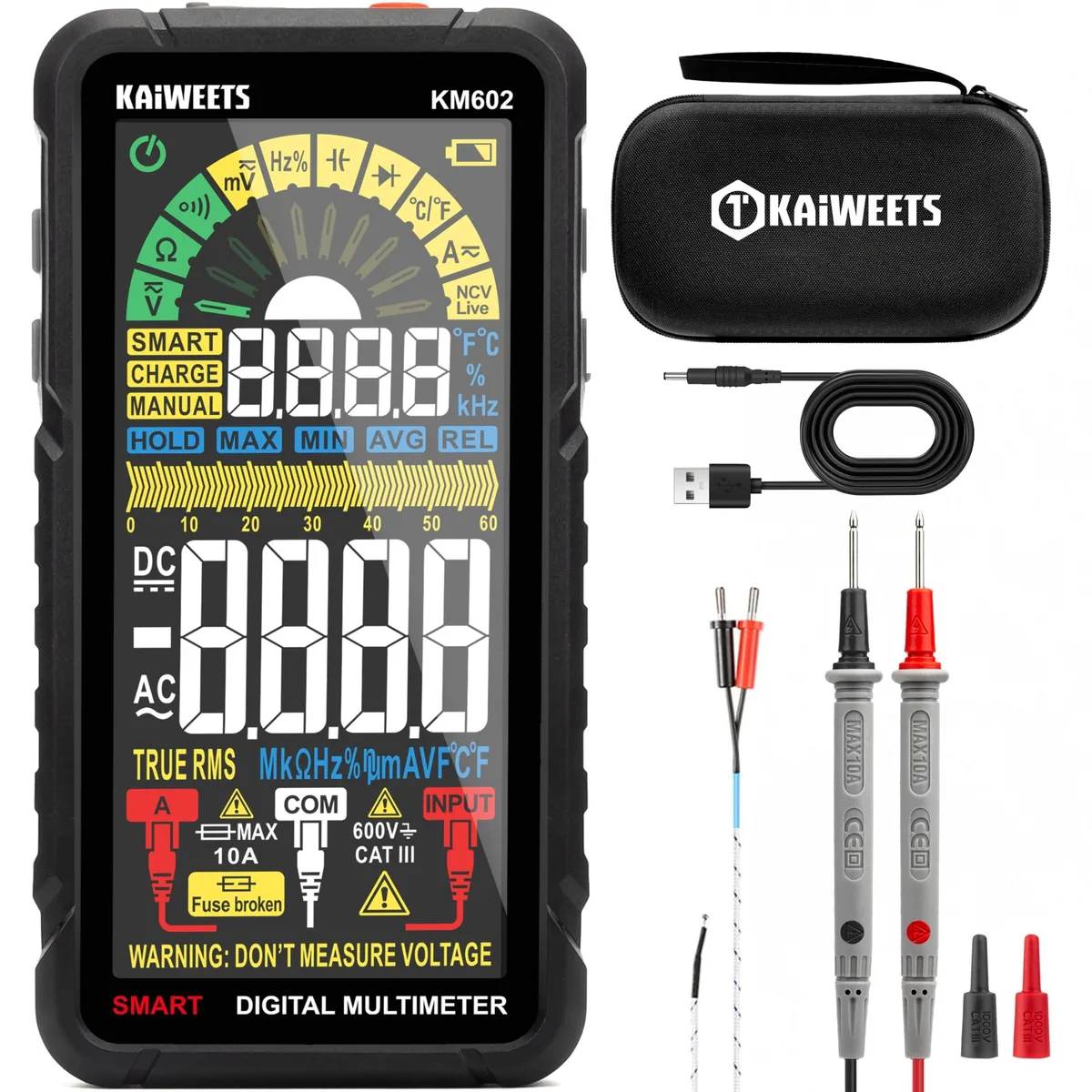 Handheld clamp multimeter in orange and grey plastic, large colour screen, built-in flashlight, 27.2 cm tall