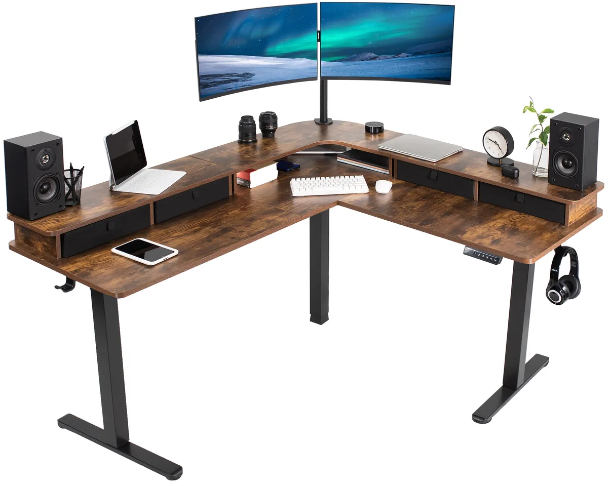 VIVO VIVO 2-Tier Electric Corner Desk 63 x 55.2 Vintage Brown/Black — product photo