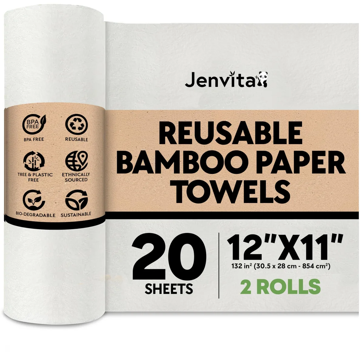 Two rolls of beige bamboo reusable paper towels on white background