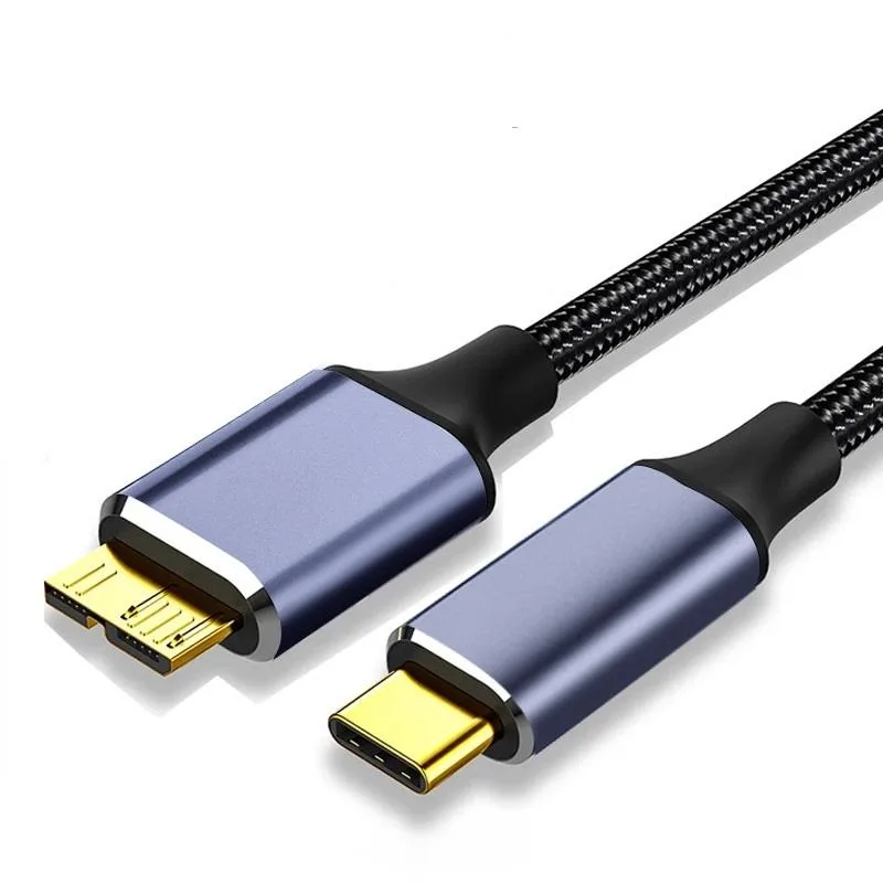 Silver USB-C to Micro-B cable with braided nylon jacket and metal connector shells, 3.3 ft long
