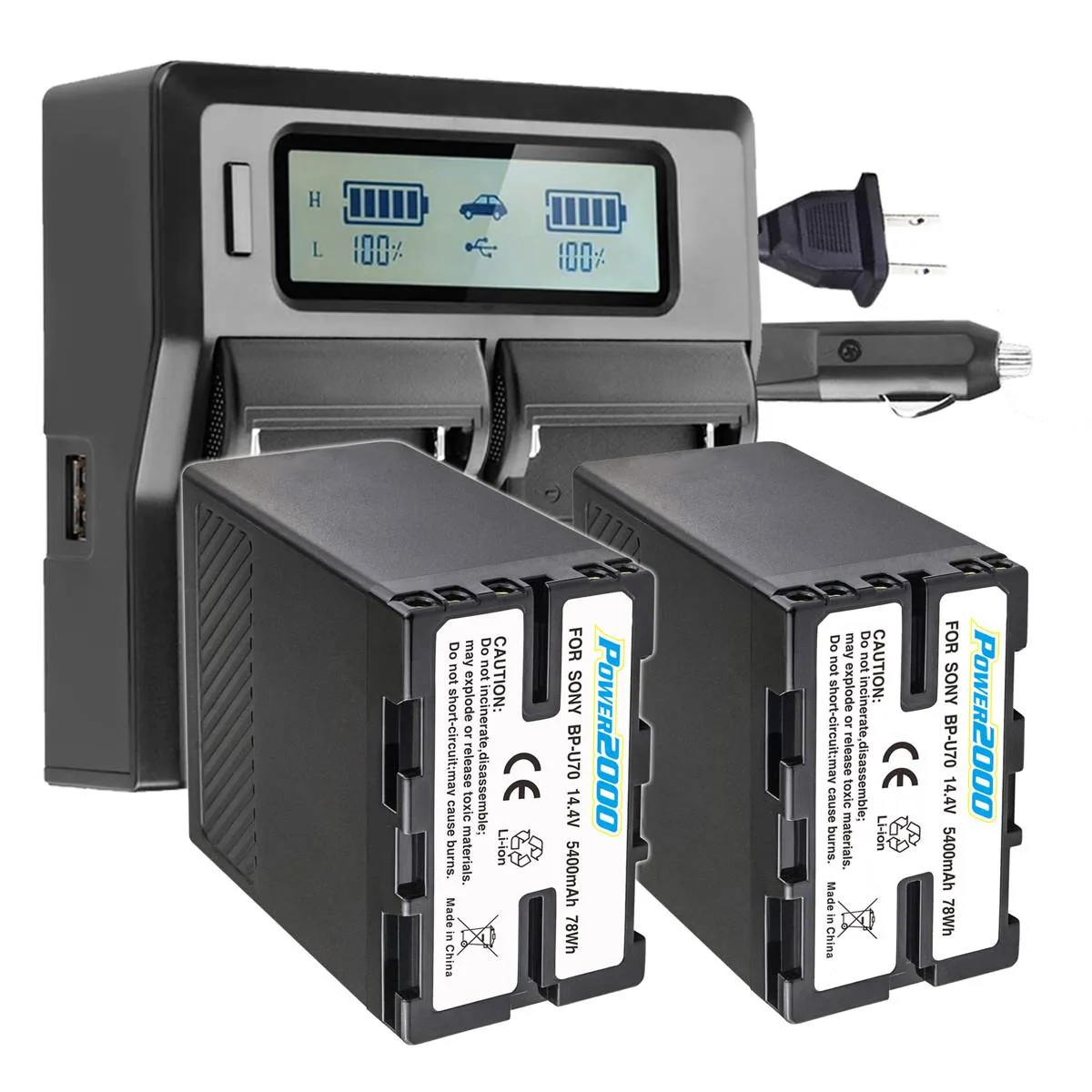 Power2000 Power2000 2x BP-U70 14.4V 5400mAh 78Wh Battery Dual Bay LCD Charger — product photo
