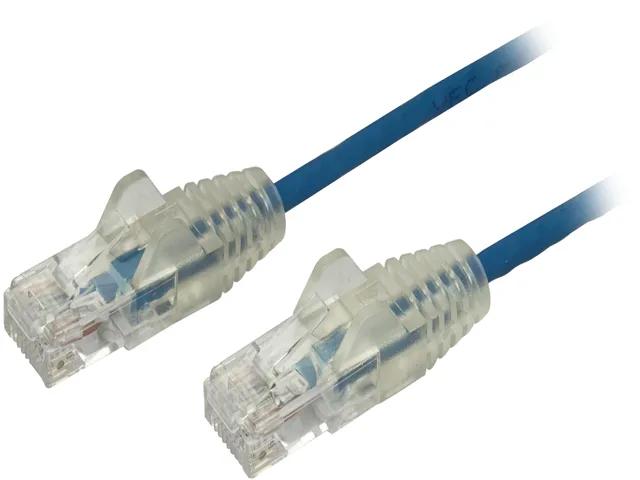 Thin blue Cat6 patch cable one foot long with snagless RJ45 plugs