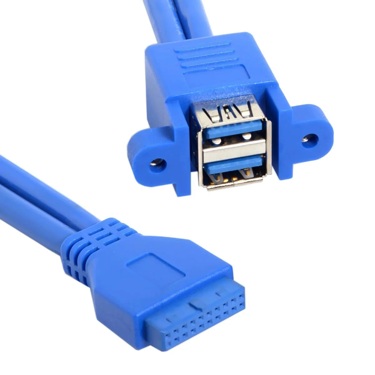 Black rectangular dual USB 3.0 Type-A panel with two screw holes connected to a single 20-pin motherboard header cable 50cm long