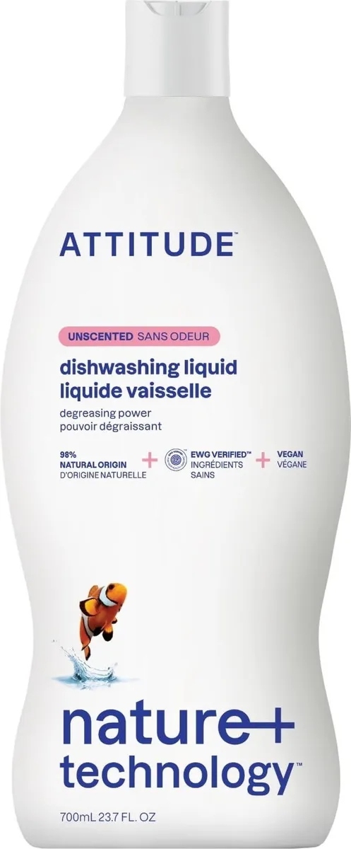 Clear plastic bottle of unscented dish soap, 23.7 Fl Oz
