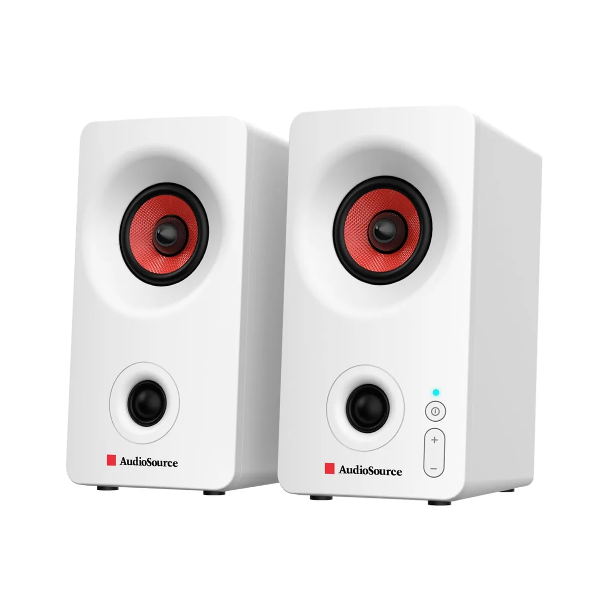 Two compact white matte desktop speakers with LED indicator