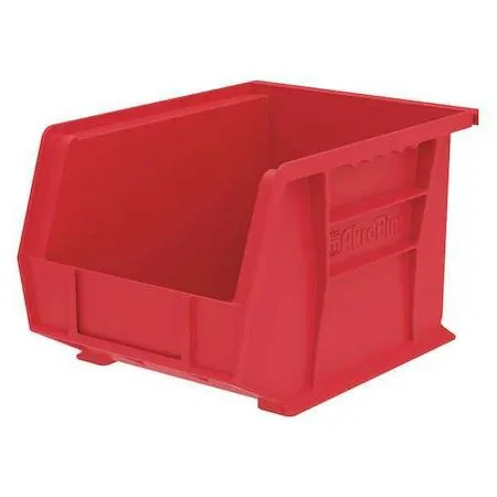 Red plastic storage bin with molded label slots and divider slot, stackable design