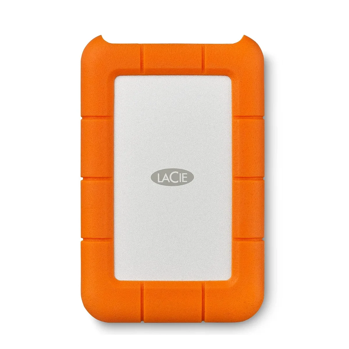 Orange rugged rectangular external hard drive with USB-C cable