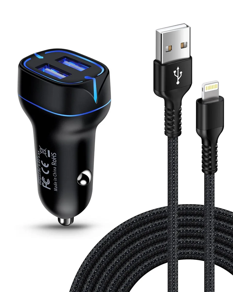  Haoano HA1001 dual-port car charger with 6 ft Lightning cable, black — product photo