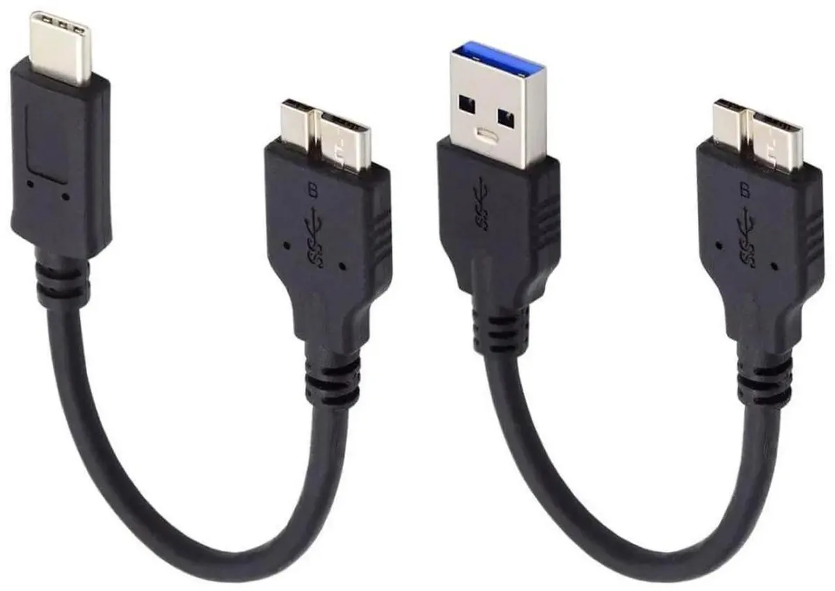 Two short blue cables with USB-A, USB-C and Micro-B connectors