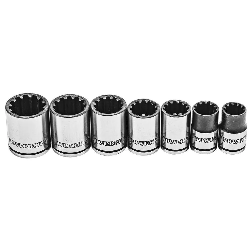 Seven-piece 3/8 inch drive universal socket set in holder