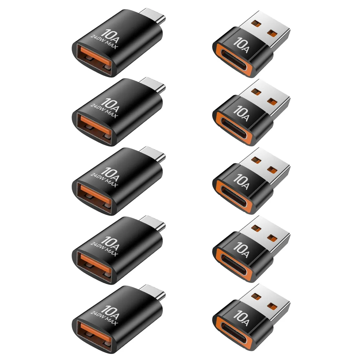 Ten small black USB adapters, five with USB‑A plugs and USB‑C sockets, five with USB‑C plugs and USB‑A sockets