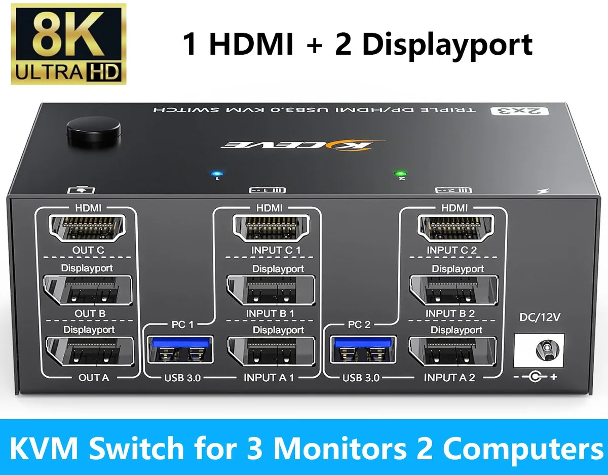 Hitoor Hitoor 203DH KVM Switch 2 PCs 3 Monitors 8K@60Hz 2 DP + 1 HDMI USB 3.0 4 Ports Wired Remote — product photo