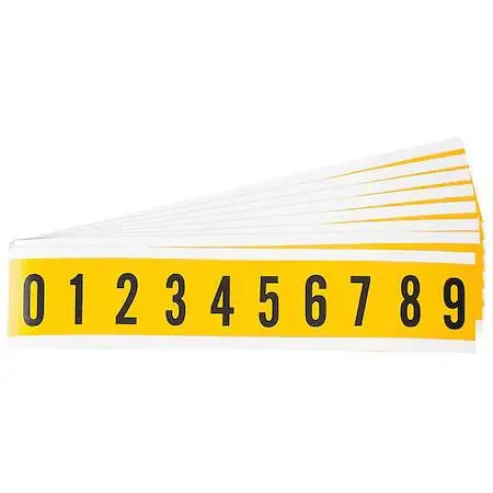 Sheet of yellow vinyl labels with black numbers zero through nine in twenty-five identical cards
