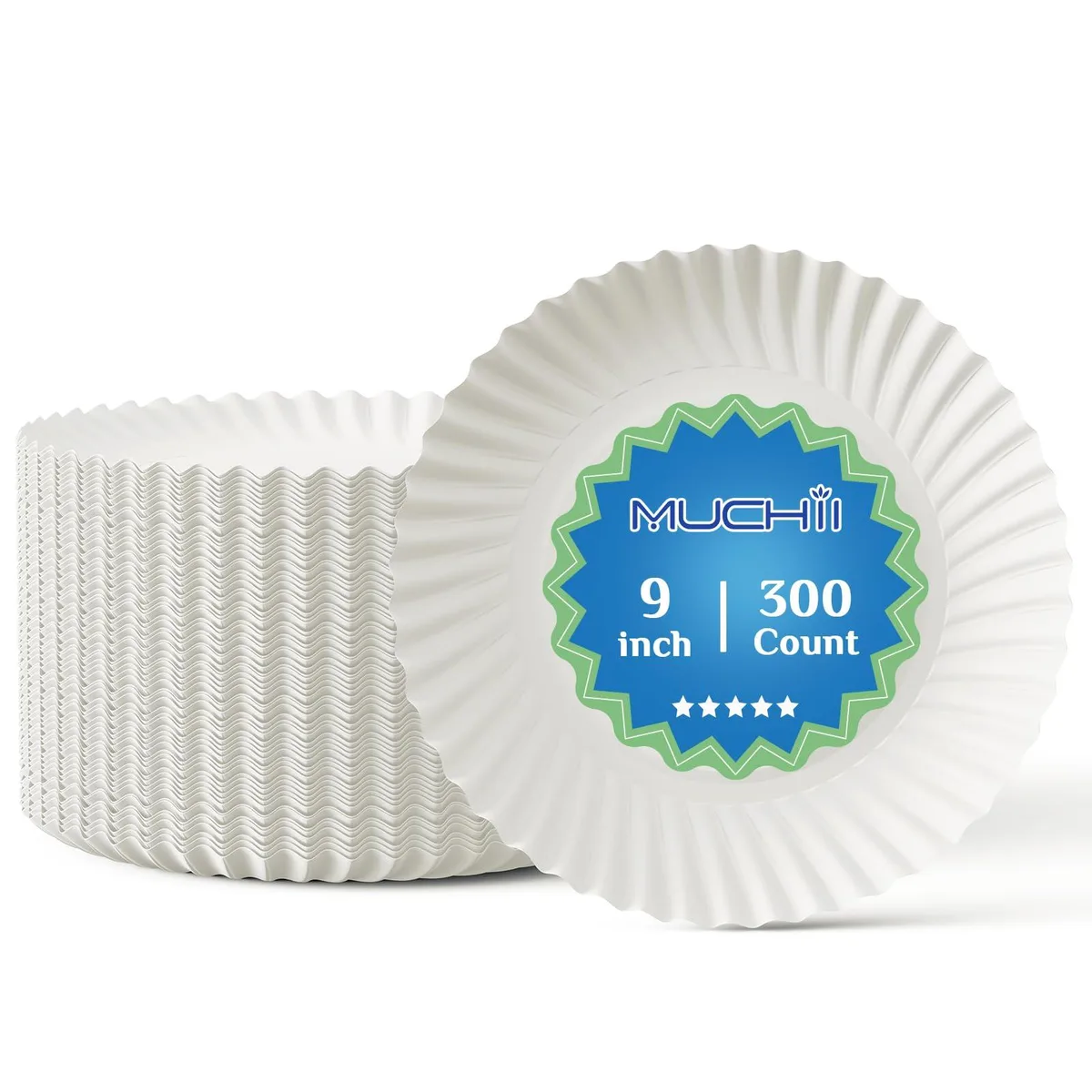 Stack of 300 white rectangular paper plates, 23 cm square