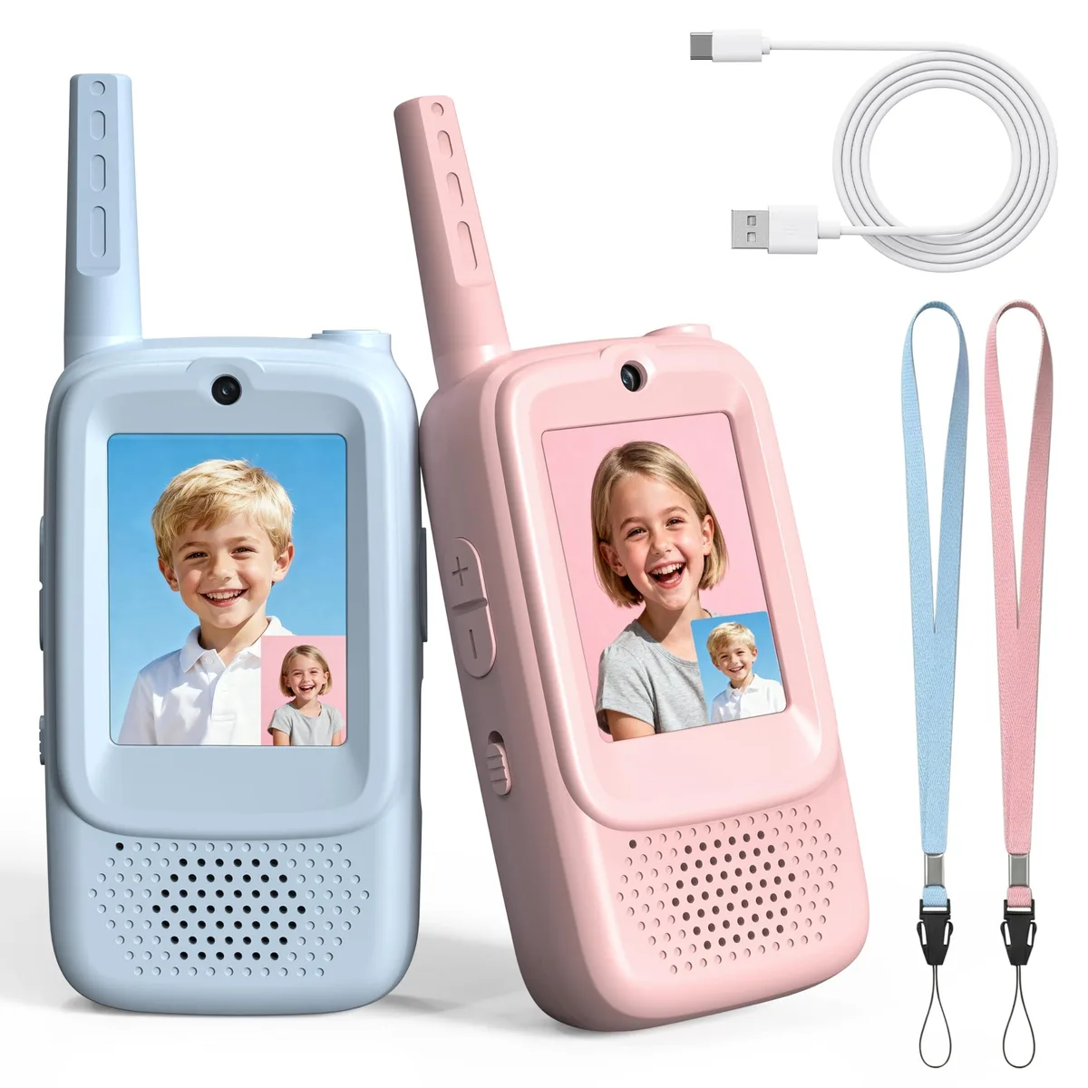 Two small blue and pink walkie-talkies with screens and cameras, side by side