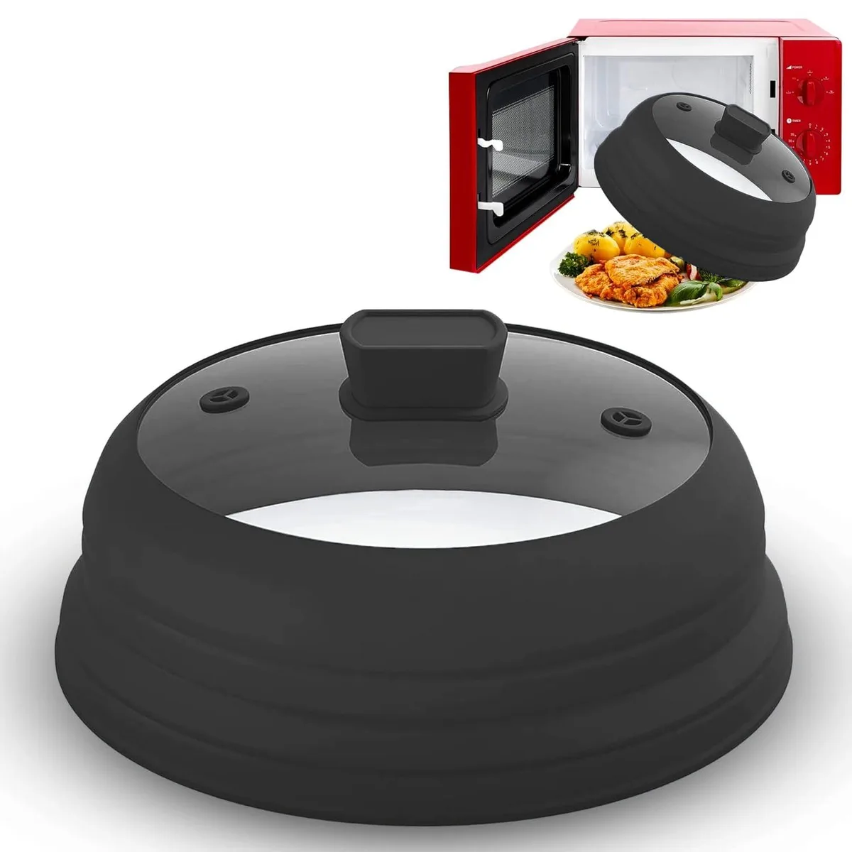 Black 11.8 inch collapsible microwave cover with clear tempered glass top and black silicone dome sides