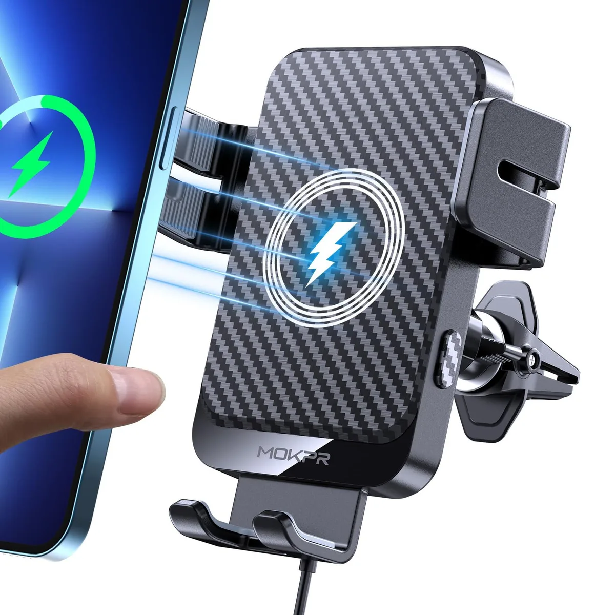Black wireless car charger mount with auto-clamping arms and air vent clip