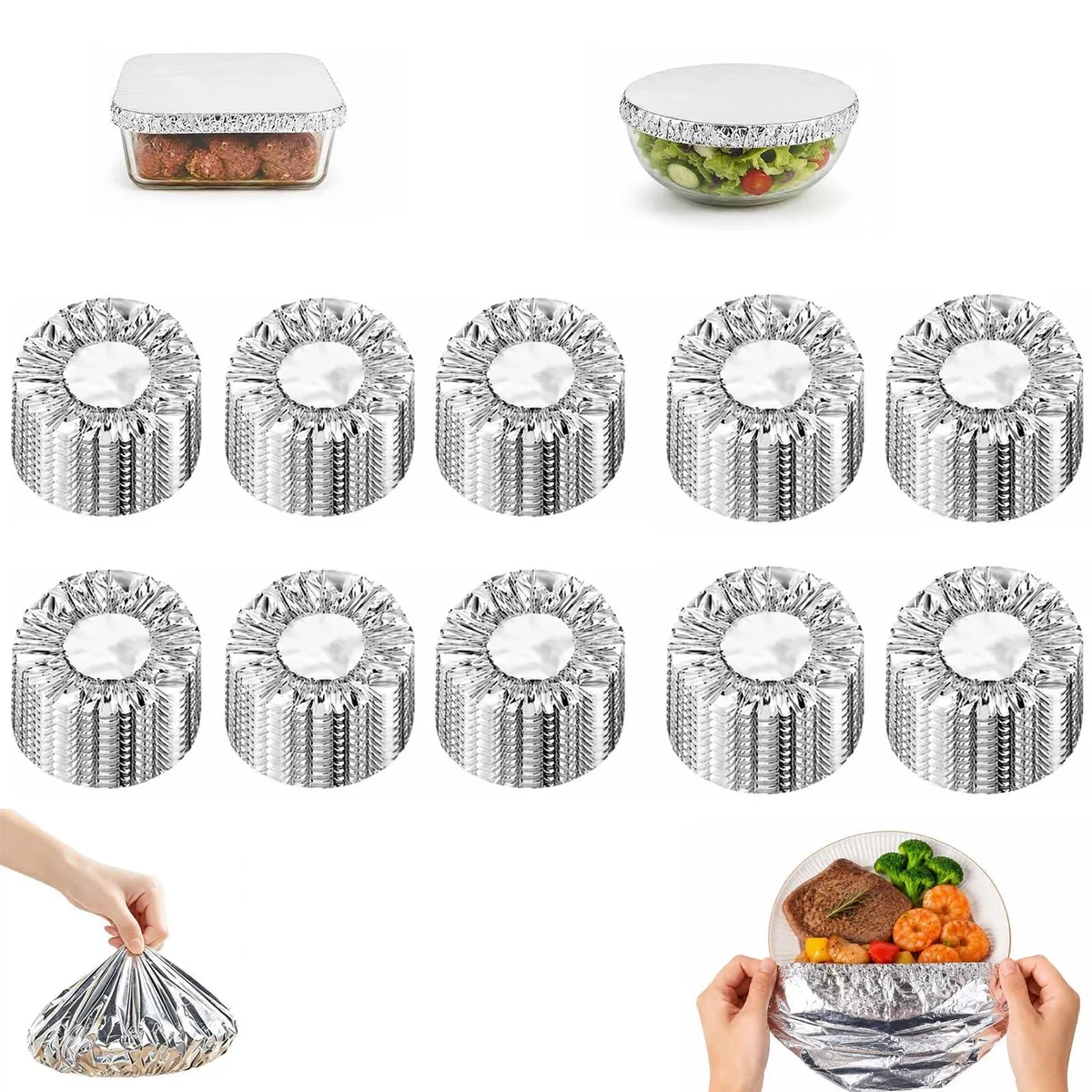 Pack of 100 silver aluminium foil food covers with elastic edges