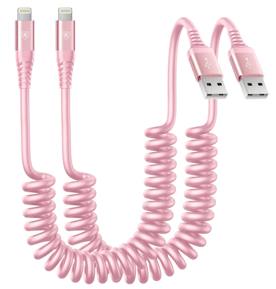 Two pink coiled Lightning cables with USB-A ends, spring-shaped and compact