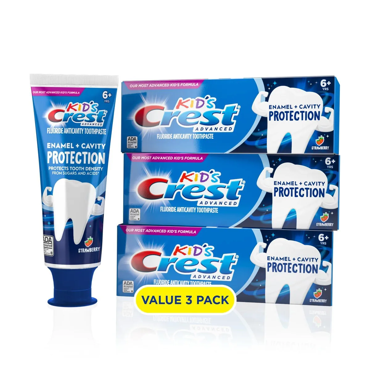 Three red 4.1oz tubes of kids strawberry toothpaste