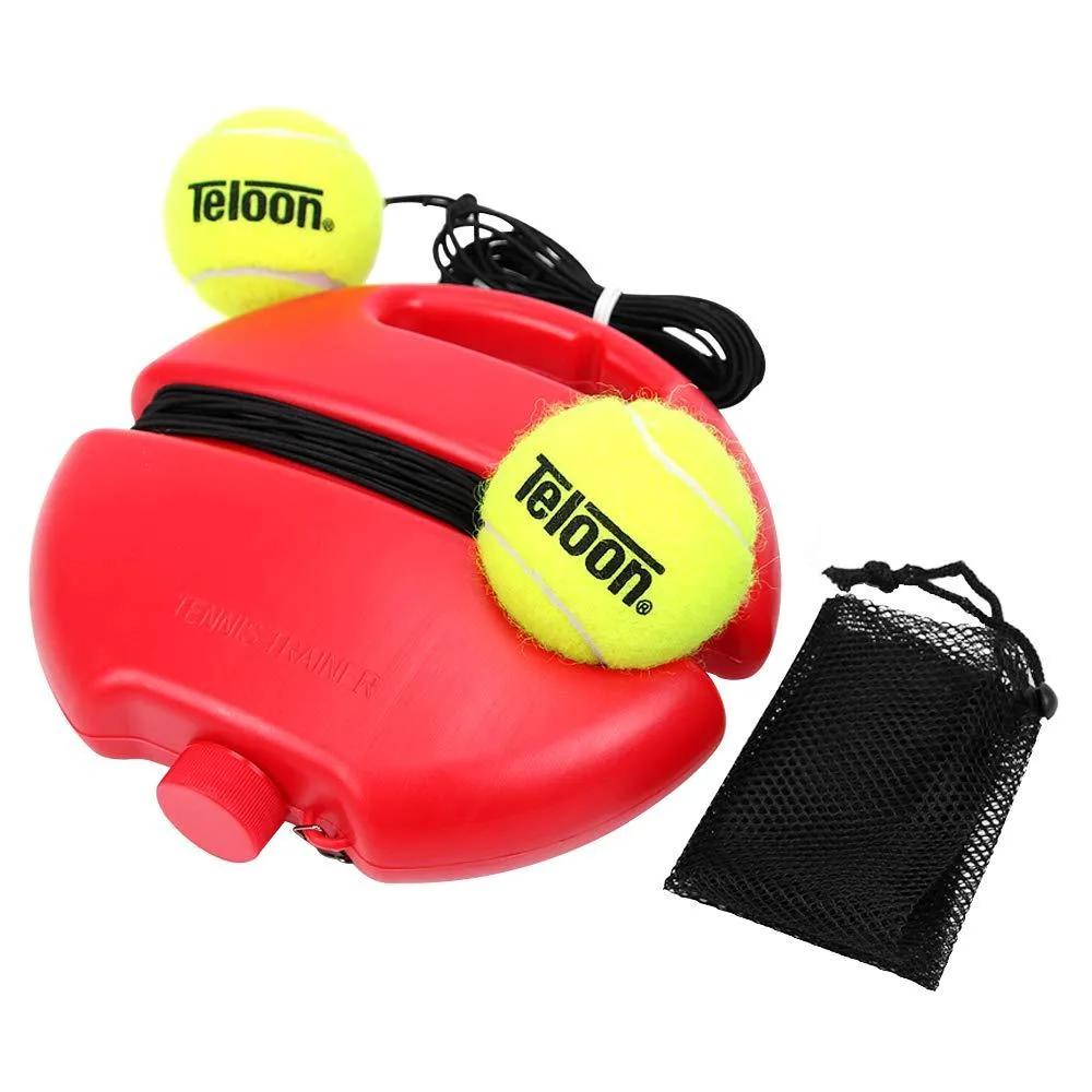 Red square base 21 cm with yellow tennis balls elastic cords mesh bag