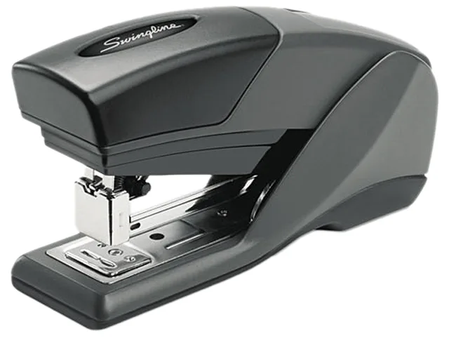 Gray compact desktop stapler with orange soft-grip top, top-loading, metal and plastic construction