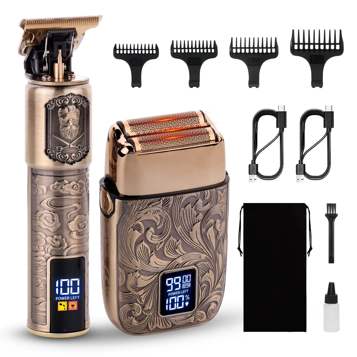 Black cordless foil shaver with five rotating heads and trimmer attachment