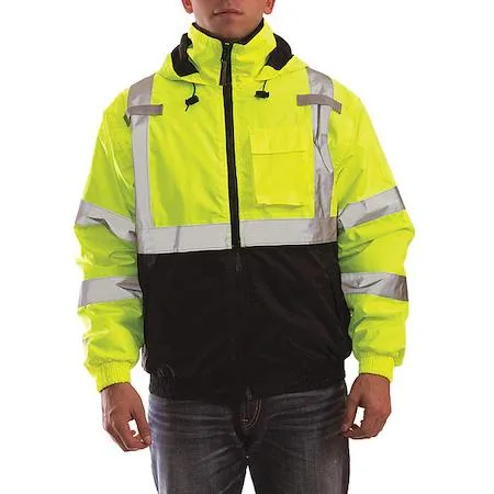 Green yellow bomber jacket with reflective stripes packable hood zipper front five pockets black bottom