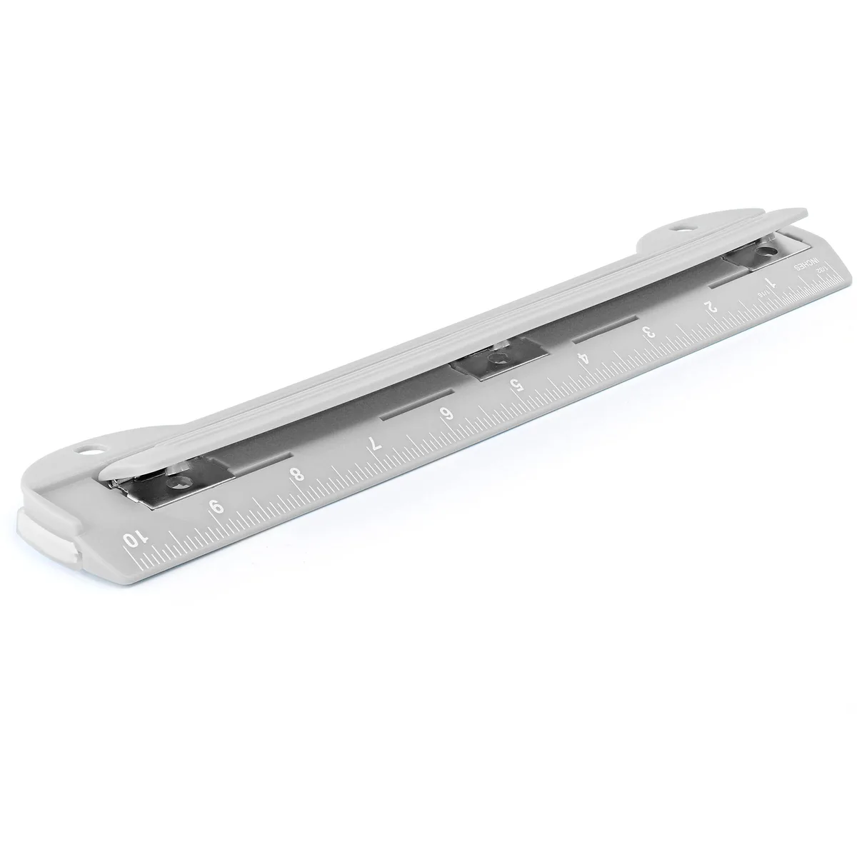 Grey three-hole puncher with built-in 10-inch ruler and removable chip tray