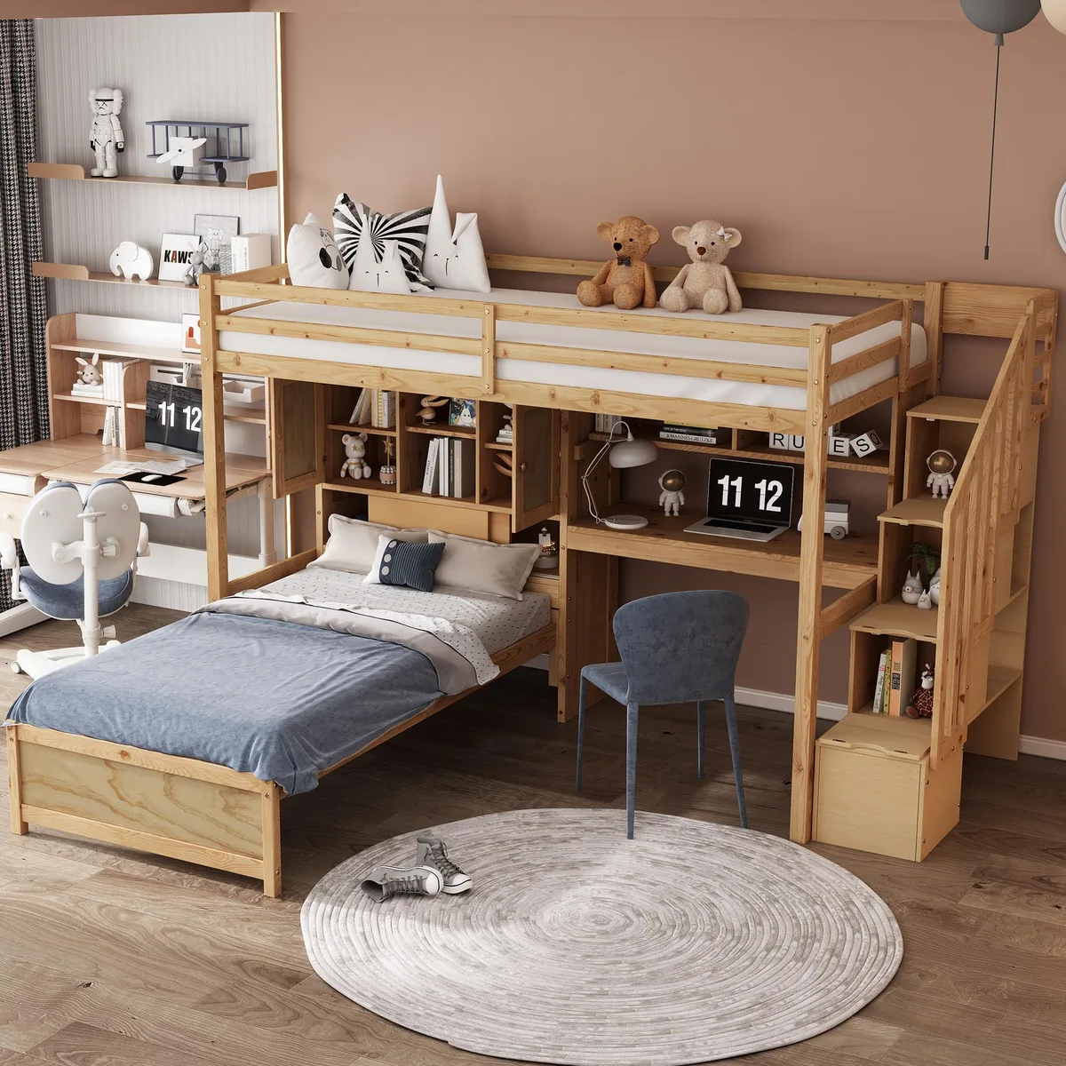 tuphen tuphen Twin over Twin Loft Bed with Desk and Staircase Natural — product photo