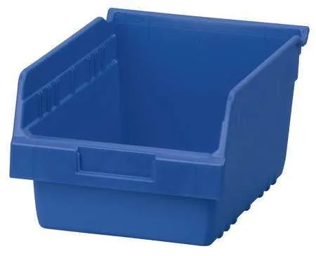 Blue industrial-grade polymer shelf bin rectangular storage container with molded label area