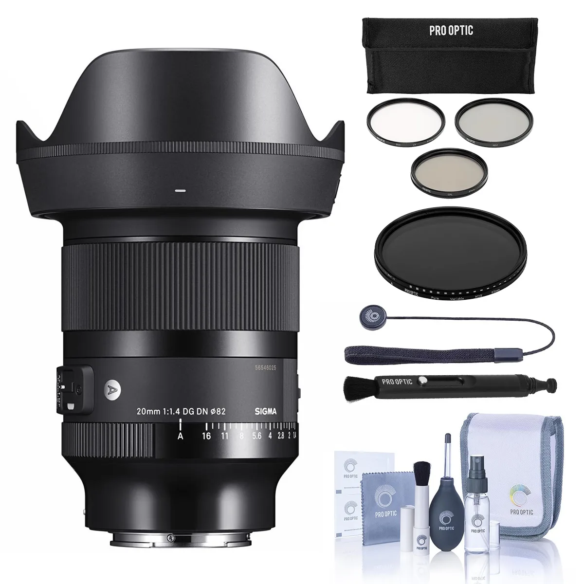 Sigma 20mm f/1.4 Art lens bundle with 82mm filters, cleaning kit and cap tether