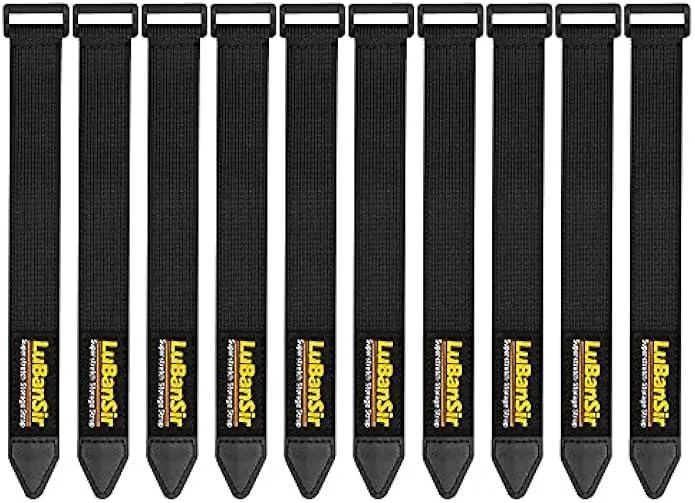 Ten black elastic nylon cinch straps with hook-and-loop fasteners and triangular tongue buckles
