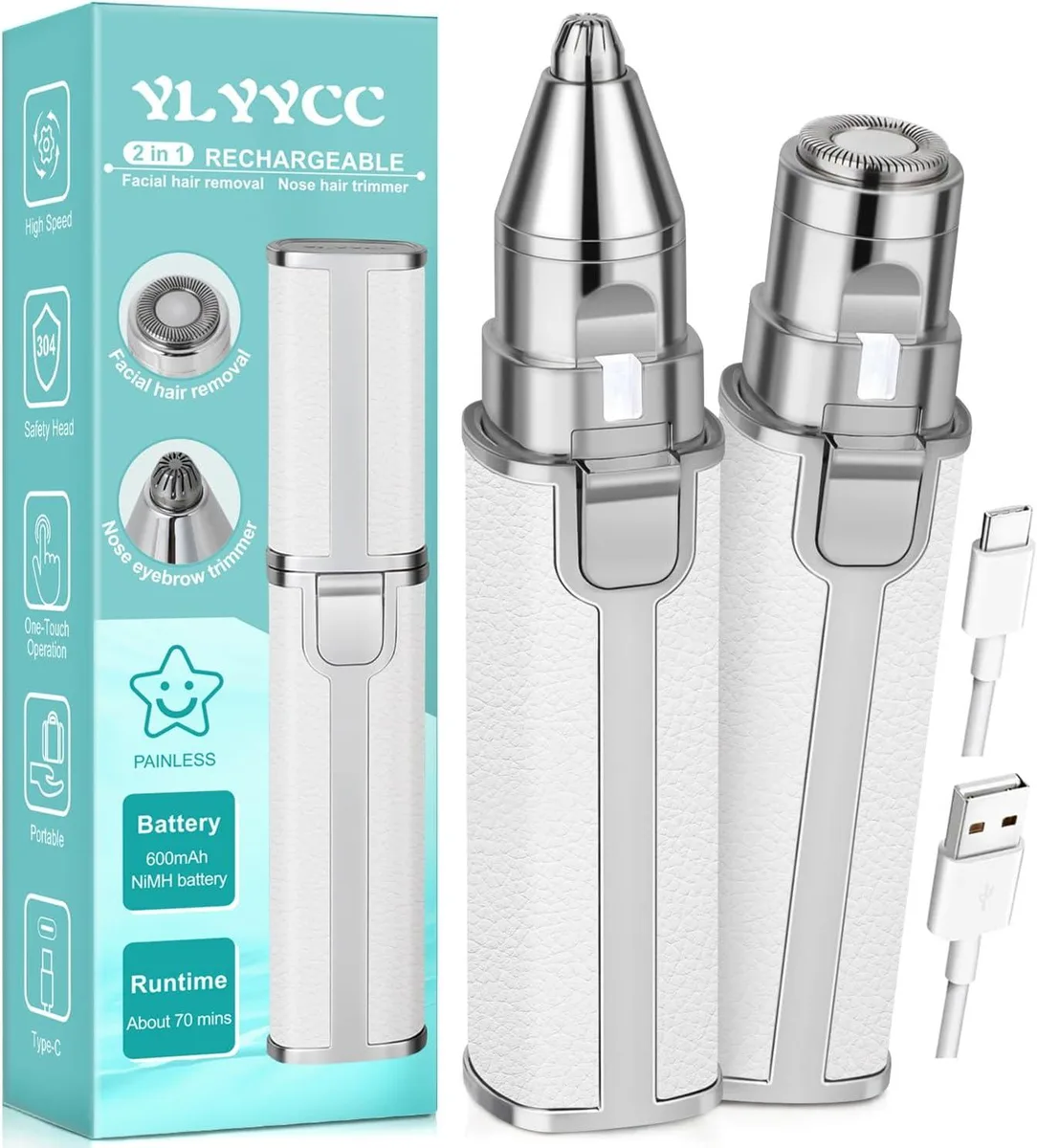 Small white grooming device with silver trim and LED light