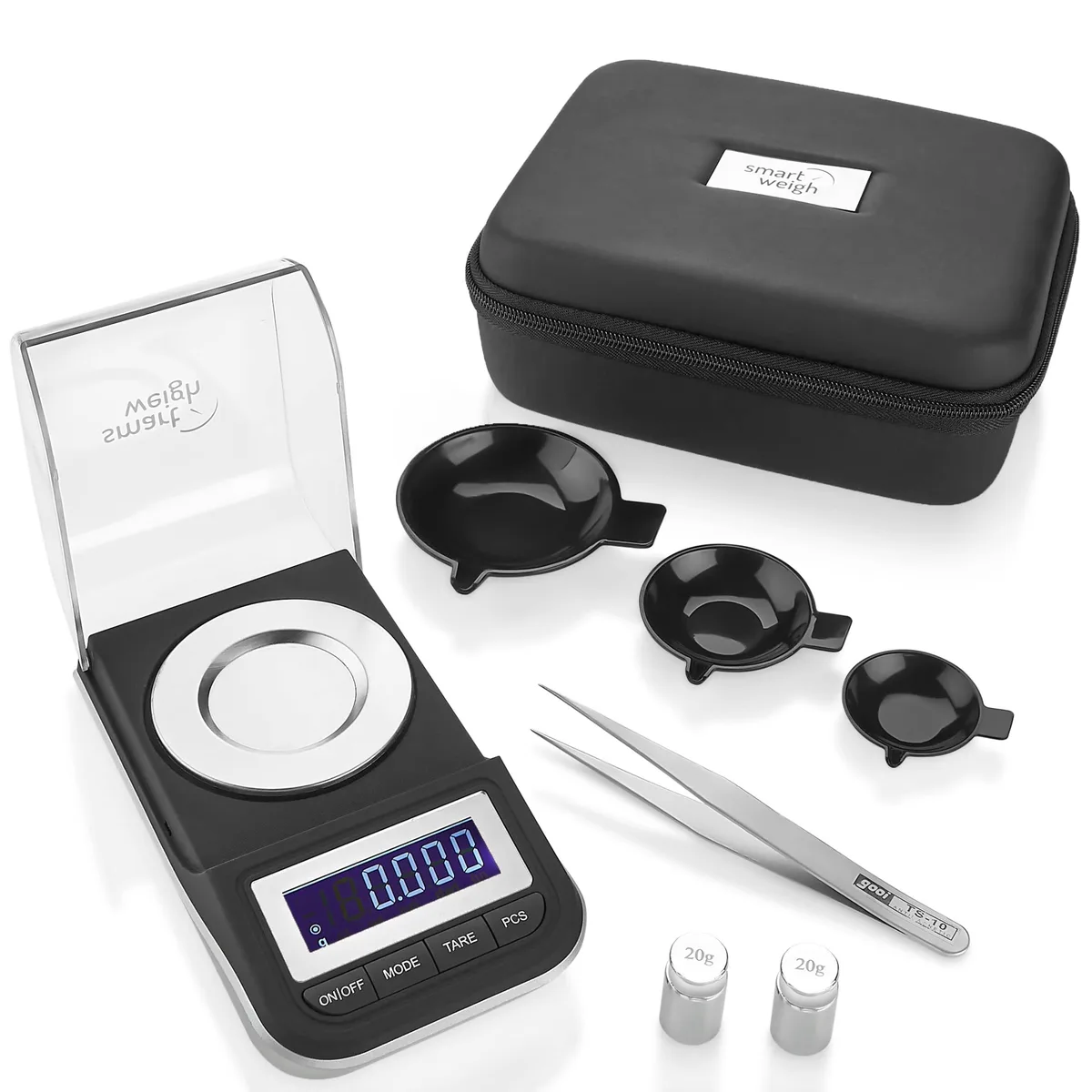 White plastic digital milligram scale with flip cover, tweezers, weights and pans in a carrying case