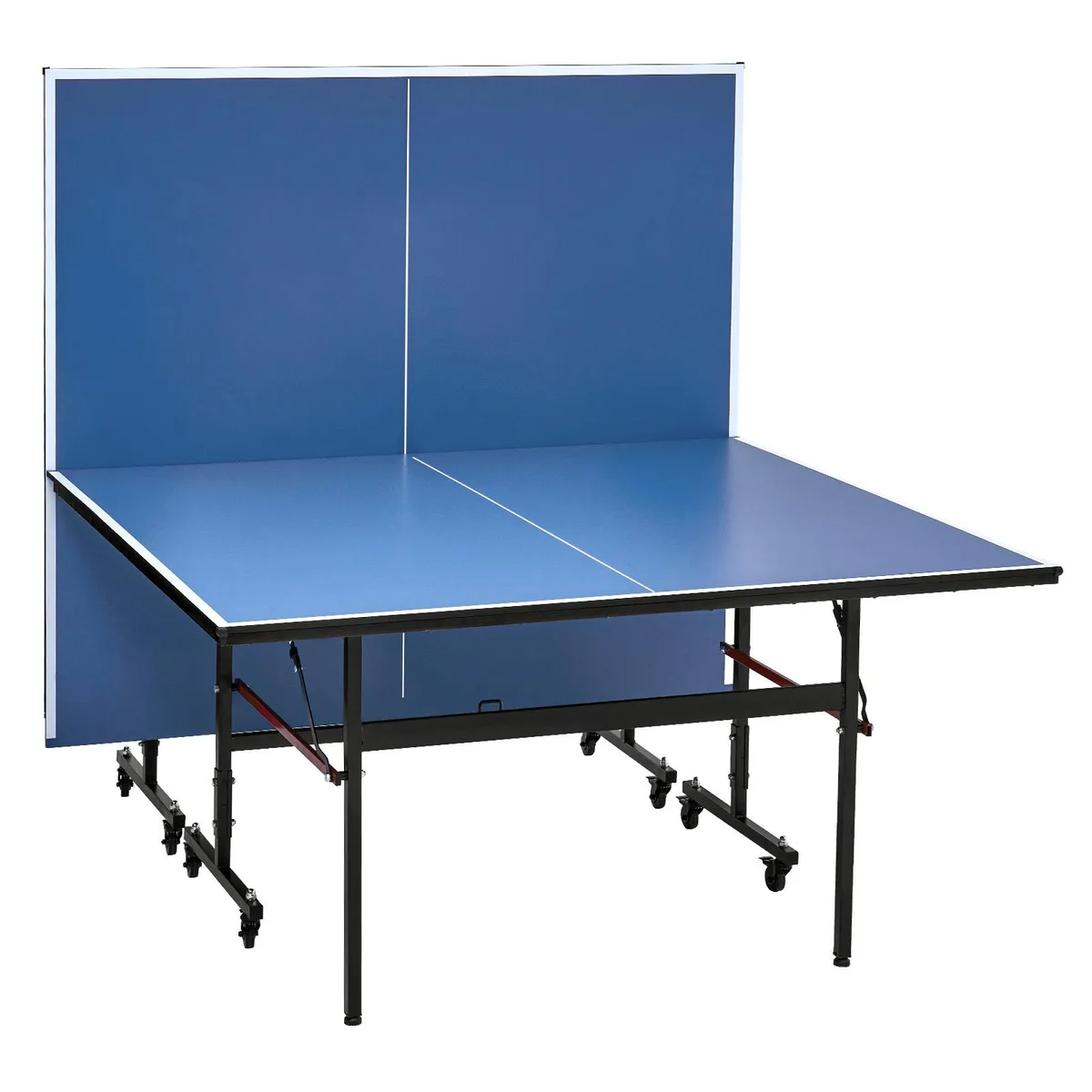 Blue rectangular folding table tennis top on metal frame with lockable wheels and clamp net