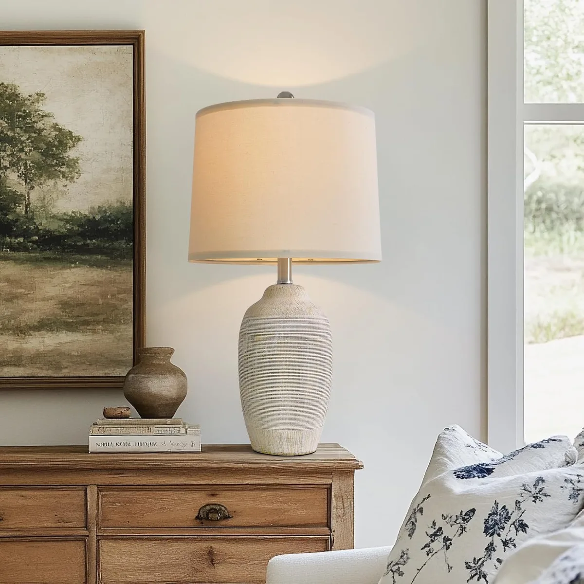 Beige ceramic table lamp with linen shade, 24.5 inches tall