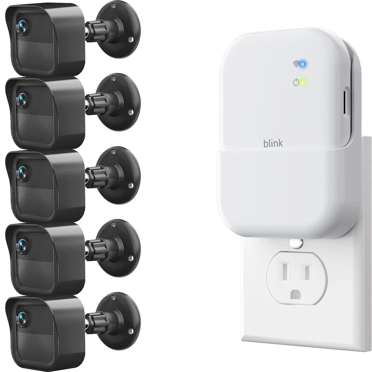 Five black outdoor camera mounts and a white sync module mount in a pack