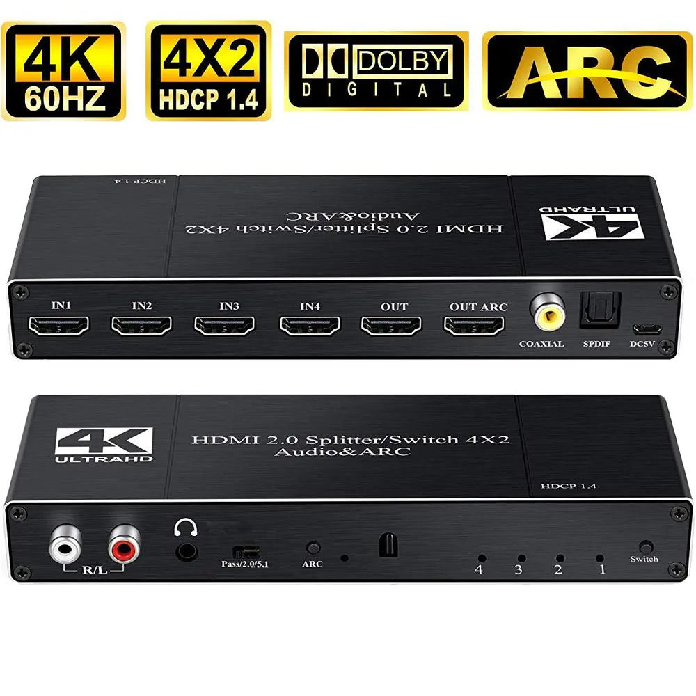 Black rectangular HDMI switch with four inputs, two outputs, optical and 3.5mm audio ports