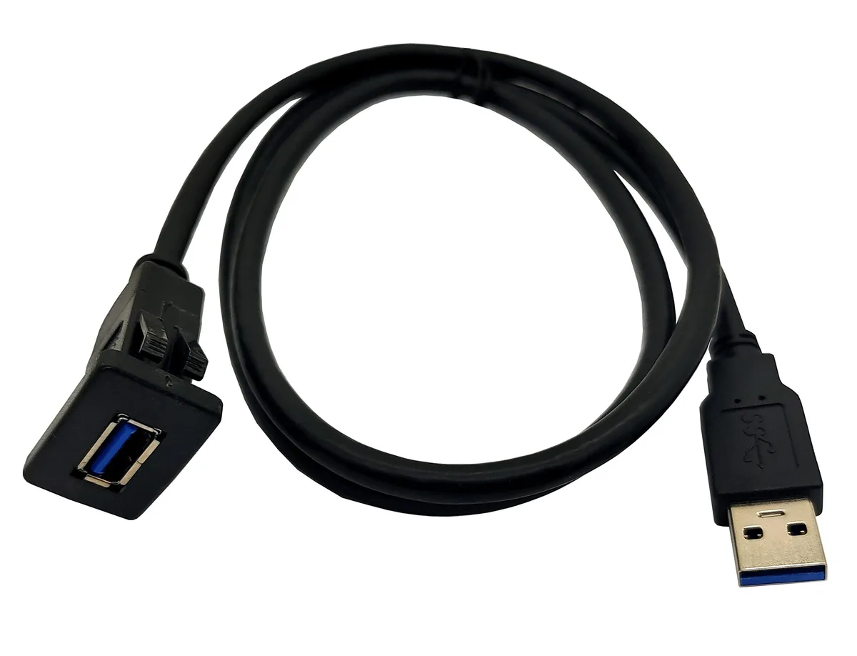 Square black USB 3.0 flush-mount panel cable with blue insert, 1 metre long, 28 by 18 mm cut-out