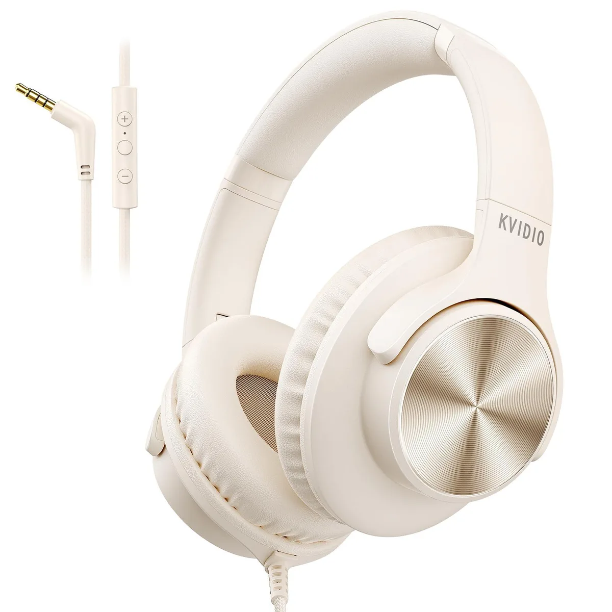 Beige over-ear wired headphones with foldable swivel cups and inline mic control