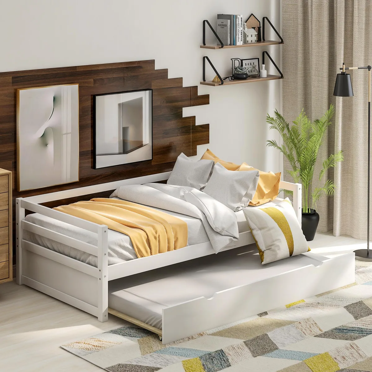 tuphen tuphen Twin Daybed with Trundle, White, 15.5″ Guardrails — product photo