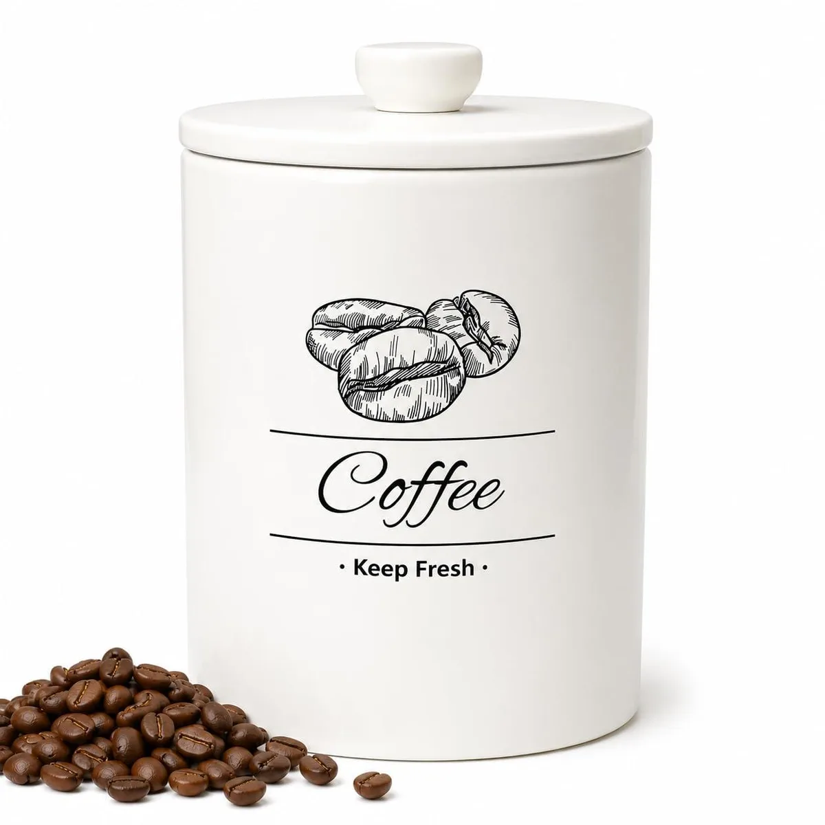 White ceramic round canister with lid, 5.5 by 8.2 inches, off-white glaze, hand-drawn bean artwork