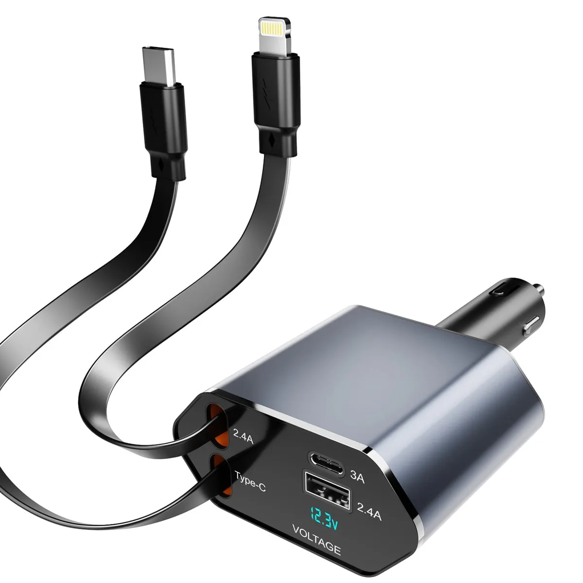 Compact black car charger with two coiled retractable cables and two USB ports plus a small voltage display