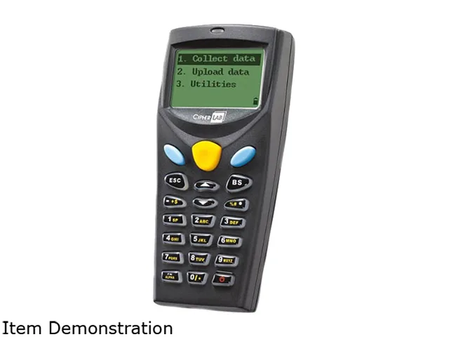 Pocket-sized mobile computer, dark plastic, 21 rubber backlit keys, linear imager window
