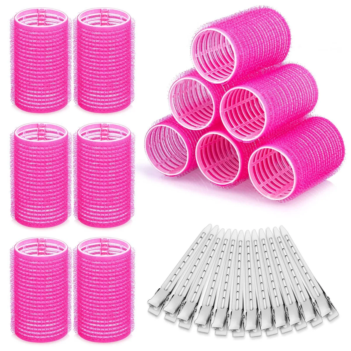 Twelve rose-red 33 mm plastic rollers with matching clips